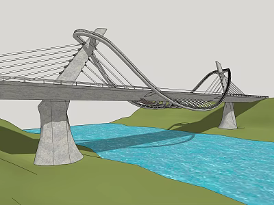 Modern Curved Cable Stayed Bridge Over Blue River With Green Hills Landscape 3d model