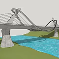 Modern Curved Cable Stayed Bridge Over Blue River With Green Hills Landscape