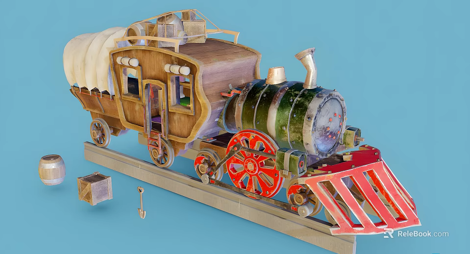Vintage Steam Train Model With Wooden Structure Red Wheels And Detailed Red Front Guard Design 3d model 