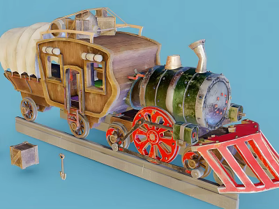 Vintage Steam Train Model With Wooden Structure Red Wheels And Detailed Red Front Guard Design 3d model