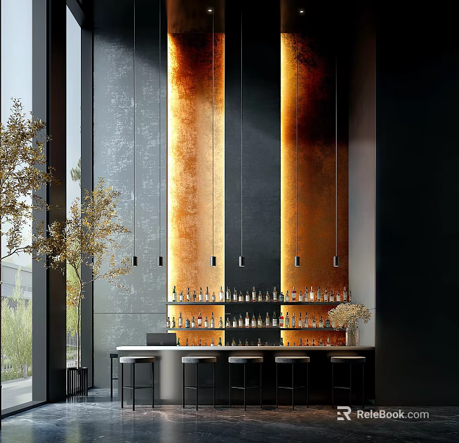 Modern Bar Interior Featuring Golden Orange Wall Hanging Lights Bar Counter With Bottles And Stools 3d model 