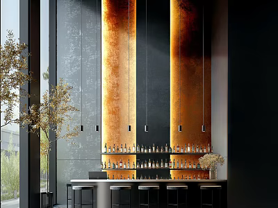 Modern Bar Interior Featuring Golden Orange Wall Hanging Lights Bar Counter With Bottles And Stools 3d model