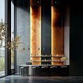 Modern Bar Interior Featuring Golden Orange Wall Hanging Lights Bar Counter With Bottles And Stools