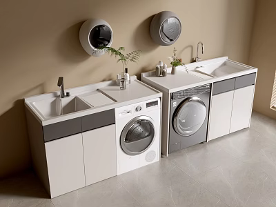 Washing Machines in Modern Laundry Area with Sink Counter Cabinets Round Wall Mirrors and Plants 3d model