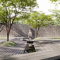 Grey Stone Landscape Wall with Trees Stone Sculpture Small Water Feature and Paved Pathway
