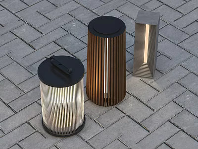 Three Modern Outdoor Lights on Brick Pavement with Cylindrical Rectangular Shapes and Striped Lampshades 3d model