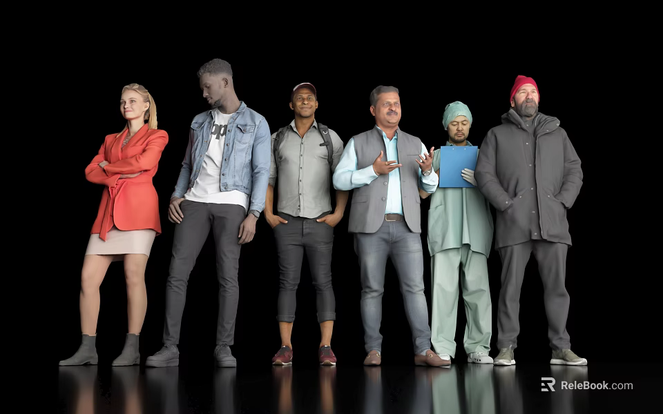 Diverse Group of People Standing Together With Various Clothing Styles Against Black Background 3d model 