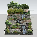Serene Garden Landscape With Stone Steps Walls Trees Bushes And Waterfall Lighting