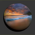 Stunning Sunset Beach Scene With Orange Purple Clouds Blue Waves And Green Hills