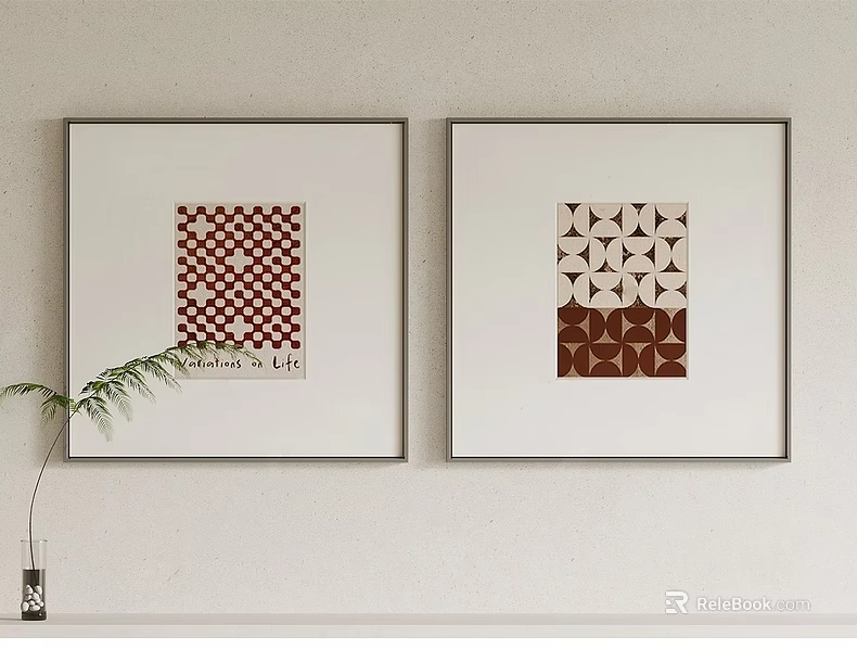 Black Framed Abstract Paintings With Red White Checkered And Brown Beige Triangular Patterns On Wall 3d model
