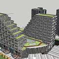 Modern Commercial Complex Featuring High Rise Buildings Greenery Plaza And Pedestrian Walkways