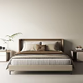 Modern Double Bed With Beige Brown Pillows Bedhead Nightstands Plant And Light Walls