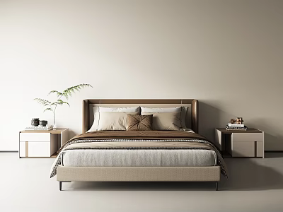 Modern Double Bed With Beige Brown Pillows Bedhead Nightstands Plant And Light Walls 3d model
