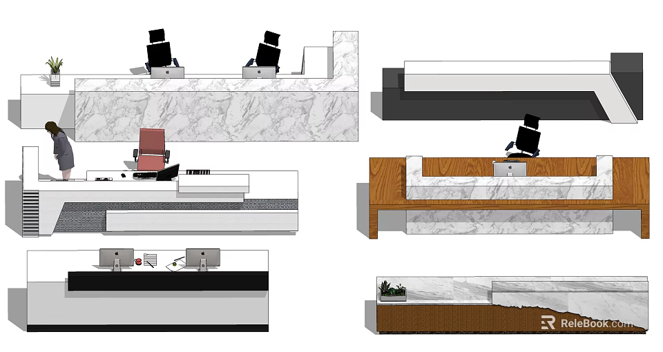 Modern Reception Desk Design With Marble Top Wooden Frame And Office Chairs 3d model 