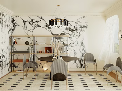 Elegant Restaurant Interior With Marble Wall Chandelier Dining Table Chairs Bookshelf And Black White Floor 3d model