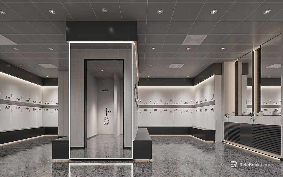 Modern Public Locker Room Design With Mirrors Shower Area And Gray Tiles 3d model 