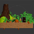 Natural Forest Scene With Tree Stump Lush Green Leaves Winding Path And Small Animals