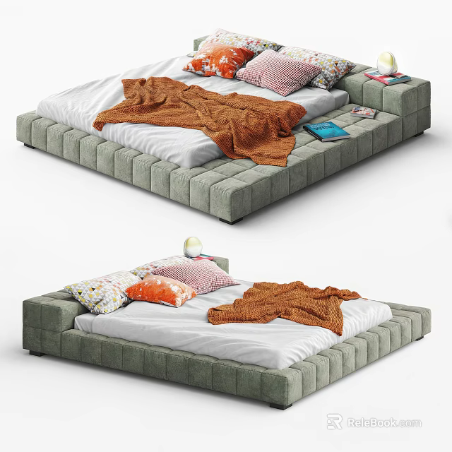 Modern Gray Upholstered Double Bed Design With Multiple Pillows And Soft Blanket 3d model 