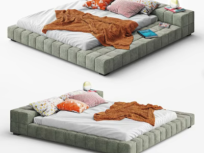 Modern Gray Upholstered Double Bed Design With Multiple Pillows And Soft Blanket 3d model