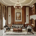 Classic Duplex Living Room With Chandelier Leather Sofas And Staircase 3d model