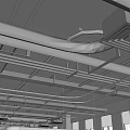 Exposed Ceiling Pipes System in Modern Industrial Building Interior with Metal Supports