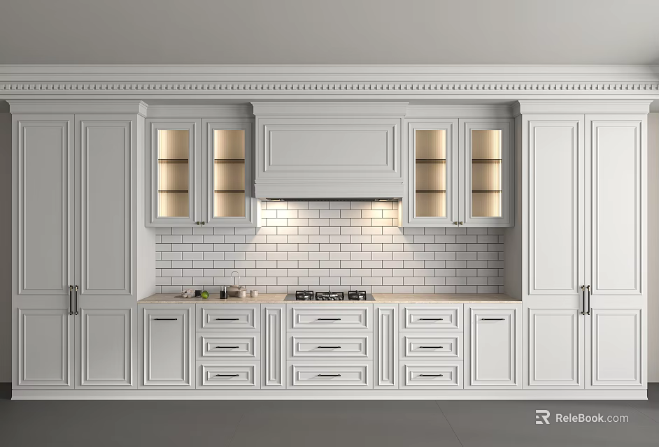 White Kitchen Cabinets With Glass Front Upper Units Lower Storage And Tile Backsplash 3d model 