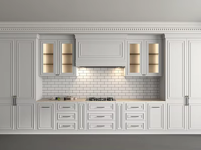 White Kitchen Cabinets With Glass Front Upper Units Lower Storage And Tile Backsplash 3d model