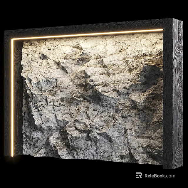 Rough Textured Accent Wall with Black Frame Illuminated by Warm LED Strip 3d model 