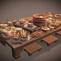 Assorted Delicious Foods On Wooden Table With Soup Skewers Meatballs And Vegetables