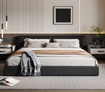 Italian Simple Black Leather Double Bed 3d model