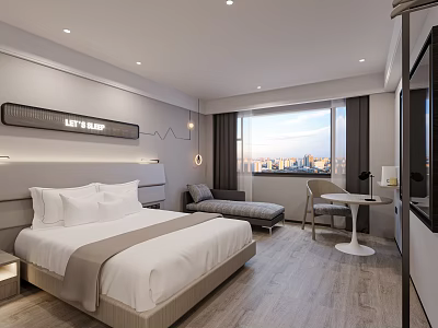 Hotel Room Interior Modern Minimalist Design With Large Bed Sofa Desk And City View Window 3d model