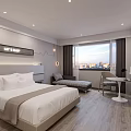 Hotel Room Interior Modern Minimalist Design With Large Bed Sofa Desk And City View Window