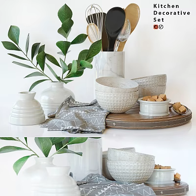 Stylish Minimalist Kitchenware Display With White Bowls Wooden Tray And Green Plant Accents 3d model