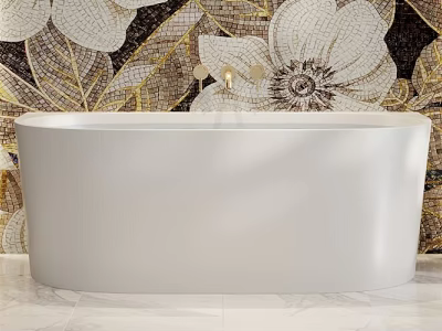Elegant Bathroom With White Freestanding Bathtub Floral Mosaic Wall And Marble Floor 3d model