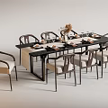 Modern Dining Table Set With Black Rectangular Table Wooden Beige Cushioned Chairs Tableware And Vase 3d model