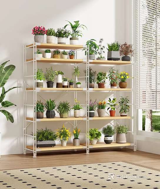 Modern Multi Tiered Flower Rack With Metal Frame Wooden Shelves Filled With Various Potted Plants 3d model 