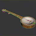 Handmade Wooden Banjo with Carved Neck Tuning Pegs and Round Drum Head