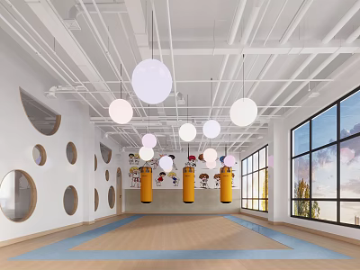 Bright Fitness Training Studio With Yellow Punching Bags Blue Mats And Round Ceiling Lights 3d model