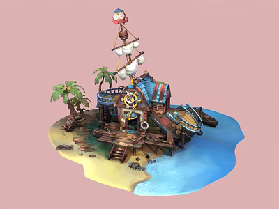 Cartoon Pirate Island Scene With Wooden Ship Hut Palm Trees And Blue Water 3d model