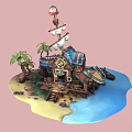 Cartoon Pirate Island Scene With Wooden Ship Hut Palm Trees And Blue Water
