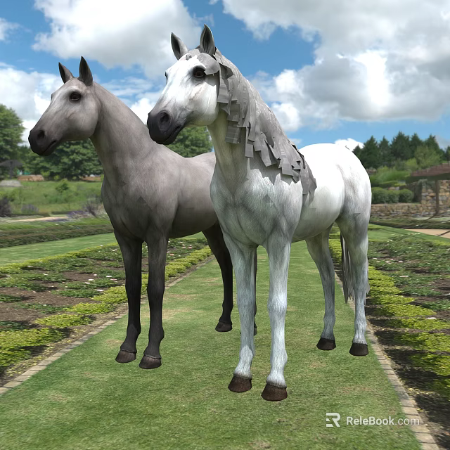 Two Gray And White Horses Standing In Lush Green Garden With Grass 3d model