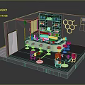Modern Bar Interior With Red Chairs Round Tables Hexagon Wall Decor And Bottle Shelves
