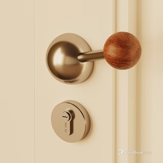 Modern Door Handle With Wooden Knob Brushed Metal Base On Light Door 3d model 