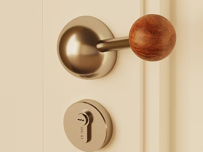 Modern Door Handle With Wooden Knob Brushed Metal Base On Light Door 3d model