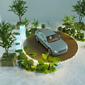 Bentley Car Display In Indoor Setting With Green Plants And Trees Around Circular Platform