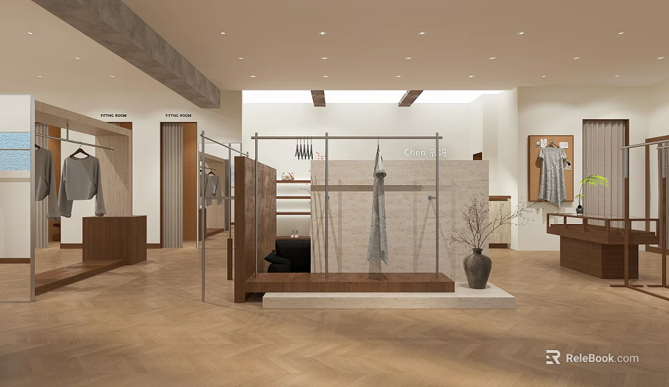 Modern Clothing Store Interior With Display Racks Apparel Herringbone Floor And Recessed Lights 3d model 