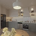 Modern Living And Dining Room Interior With Sofa Armchair Coffee Table Open Kitchen And Fireplace