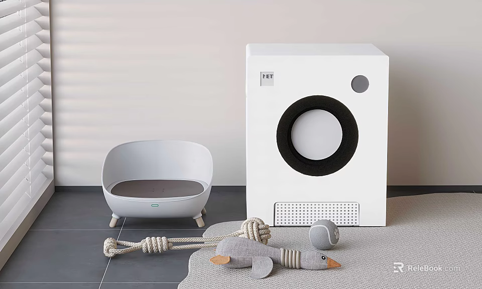 Modern White Pet Toilet with Light Gray Litter Box and Pet Toys in Home Interior 3d model 
