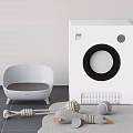 Modern White Pet Toilet with Light Gray Litter Box and Pet Toys in Home Interior