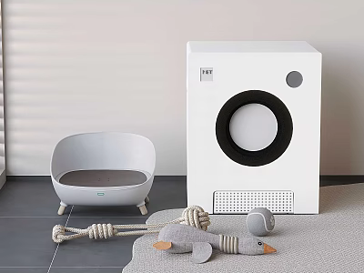 Modern White Pet Toilet with Light Gray Litter Box and Pet Toys in Home Interior 3d model